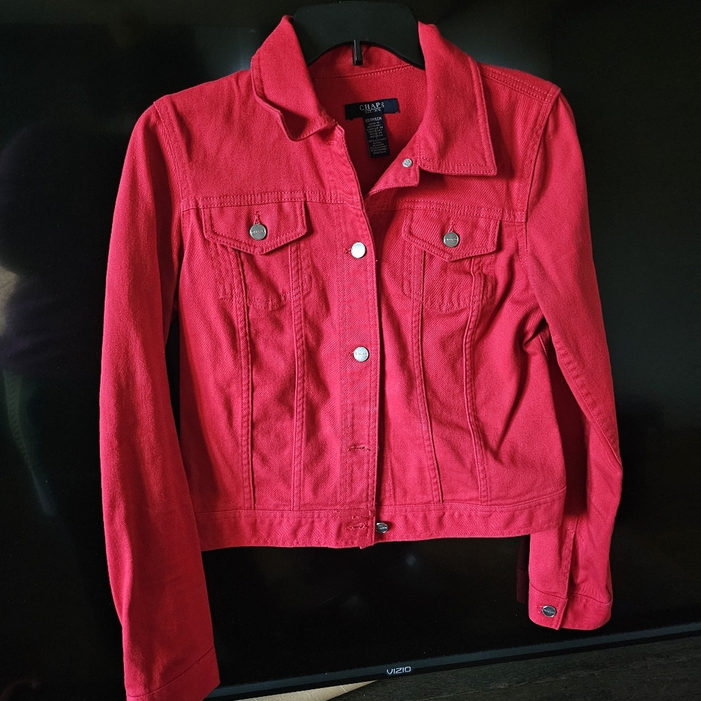 Chaps Red Denim Jacket Collared Buttoned Down Wom… - image 1